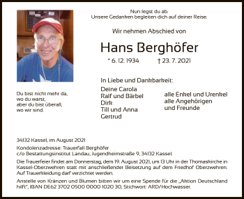 Traueranzeige von Hans Berghörer von HNA