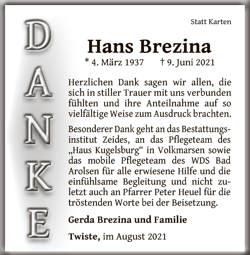  Traueranzeige für Hans Brezina vom 21.08.2021 aus WLZ