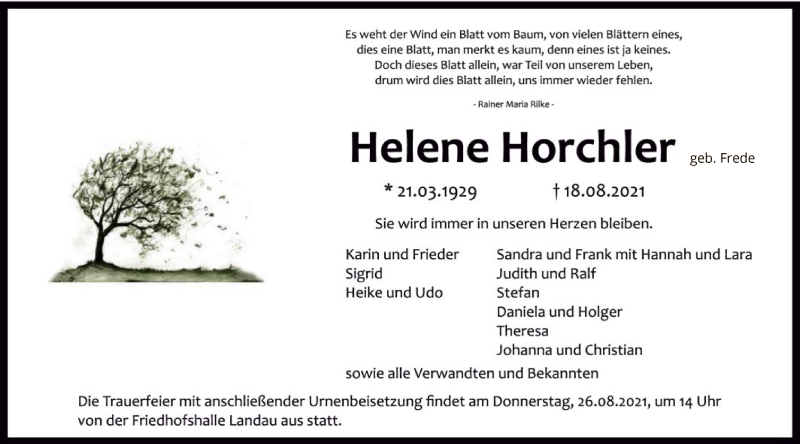  Traueranzeige für Helene Horchler vom 21.08.2021 aus WLZ