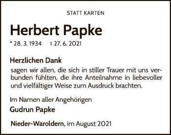 Traueranzeige von Herbert Papke von WLZ