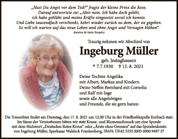 Traueranzeige von Ingeburg Müller von WLZ