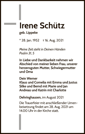 Traueranzeige von Irene Schütz von WLZ