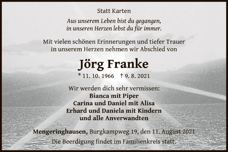  Traueranzeige für Jörg Franke vom 11.08.2021 aus WLZ