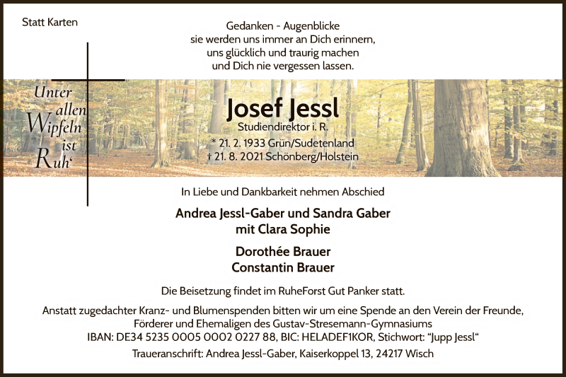  Traueranzeige für Josef Jessl vom 28.08.2021 aus WLZ