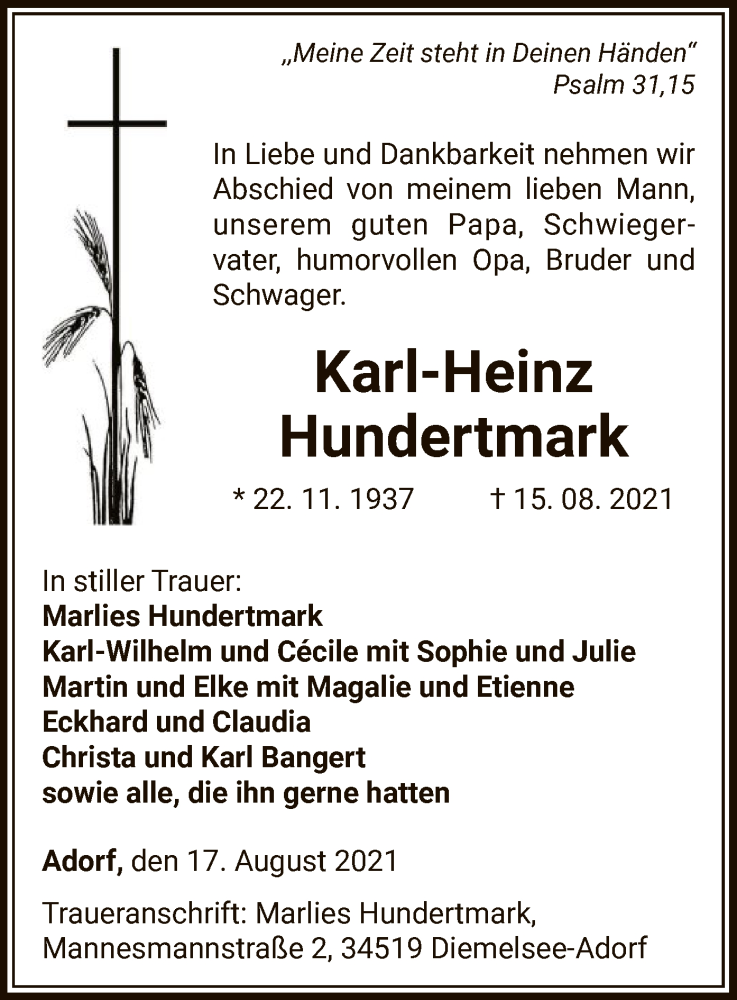  Traueranzeige für Karl-Heinz Hundertmark vom 17.08.2021 aus WLZ