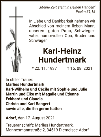 Traueranzeige von Karl-Heinz Hundertmark von WLZ