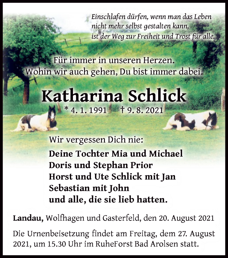  Traueranzeige für Katharina Schlick vom 20.08.2021 aus WLZ