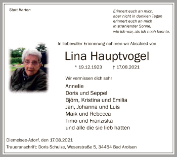 Traueranzeige von Lina Hauptvogel von WLZ