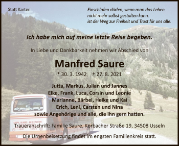 Traueranzeige von Manfred Saure von WLZ