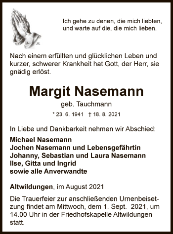 Traueranzeige von Margit Nasemann von WLZ