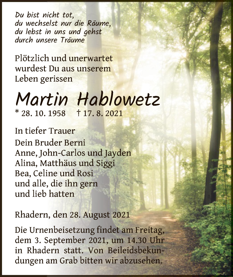  Traueranzeige für Martin Hablowetz vom 28.08.2021 aus WLZ