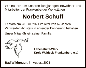 Traueranzeige von Norbert Schuff von WLZ
