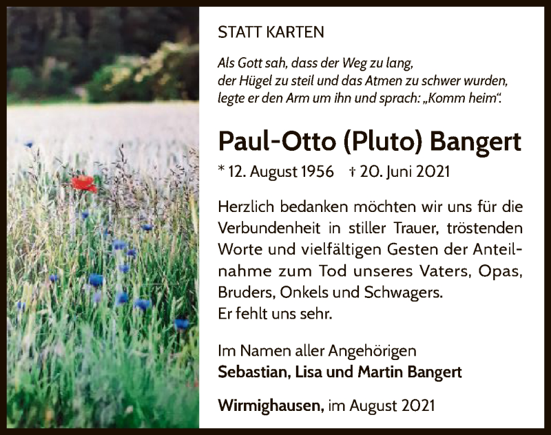  Traueranzeige für Paul-Otto Bangert vom 07.08.2021 aus WLZ