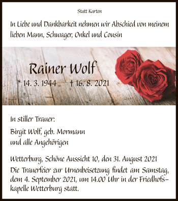 Traueranzeige von Rainer Wolf von WLZ