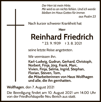 Traueranzeige von Reinhard Friedrich von WLZ