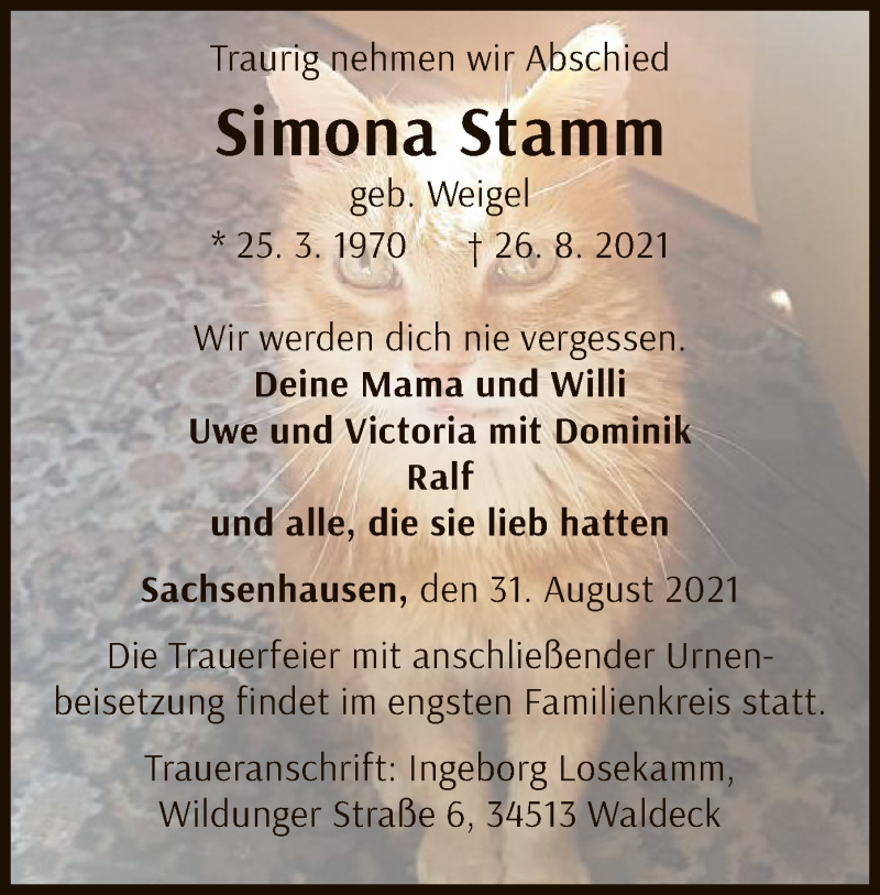  Traueranzeige für Simona Stamm vom 31.08.2021 aus WLZ