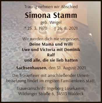 Traueranzeige von Simona Stamm von WLZ