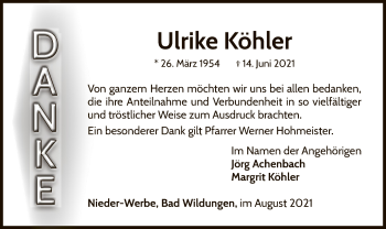 Traueranzeige von Ulrike Köhler von WLZ