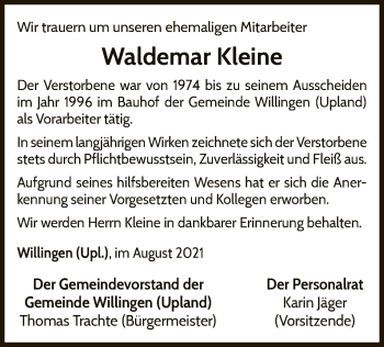 Traueranzeige von Waldemar Kleine von WLZ