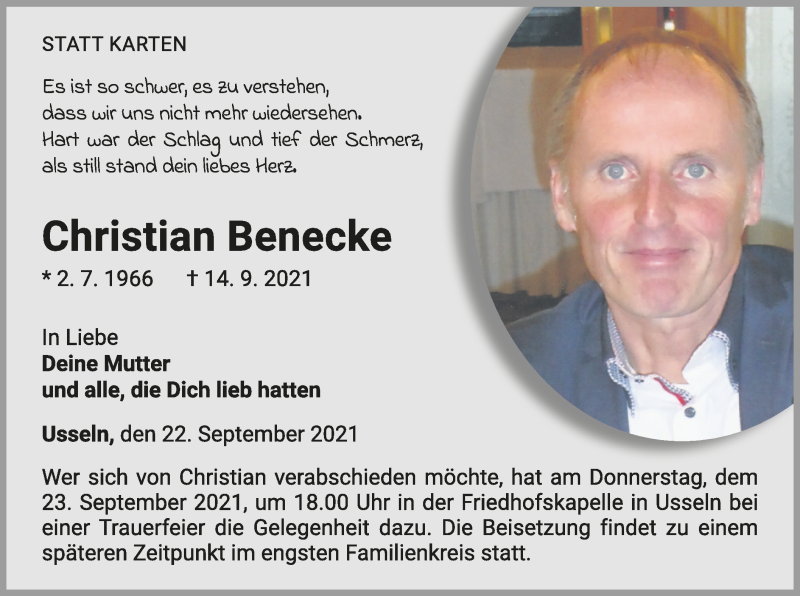  Traueranzeige für Christian Benecke vom 22.09.2021 aus WLZ