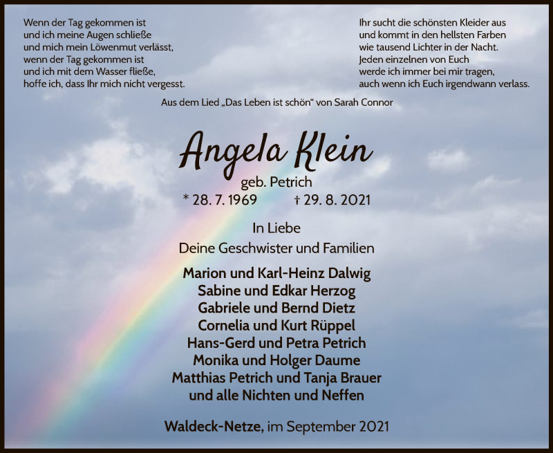  Traueranzeige für Angela Klein vom 11.09.2021 aus WLZ