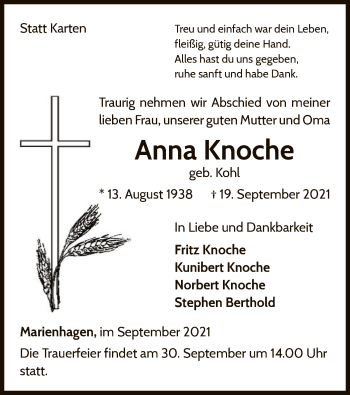 Traueranzeige von Anna Knoche von WLZ