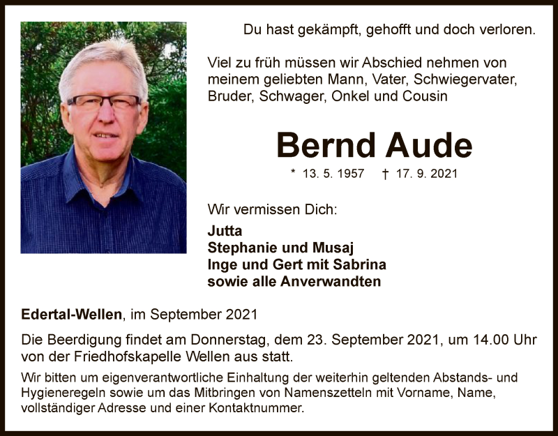  Traueranzeige für Bernd Aude vom 21.09.2021 aus WLZ