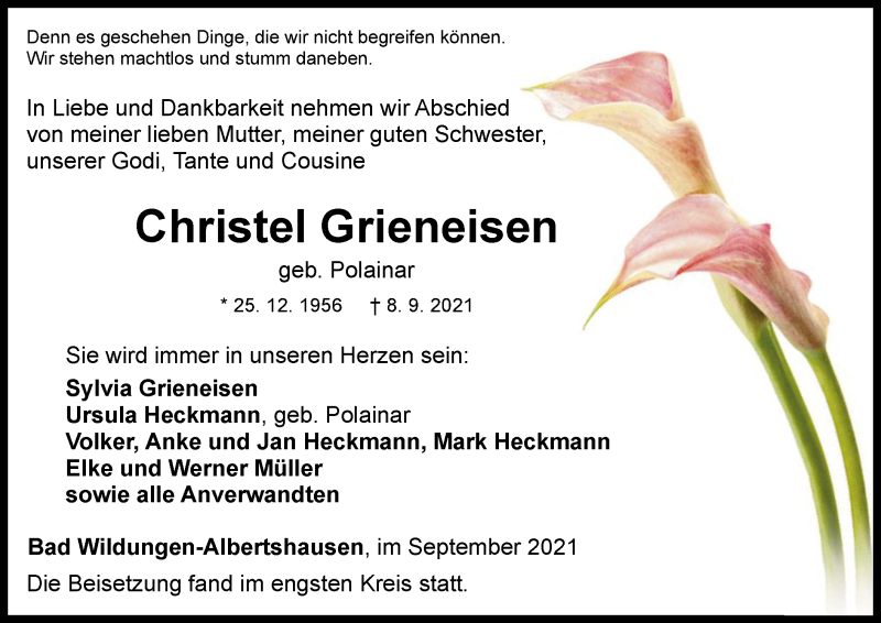  Traueranzeige für Christel Grieneisen vom 25.09.2021 aus WLZ