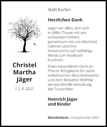 Traueranzeige von Christel Martha Jäger von HNA