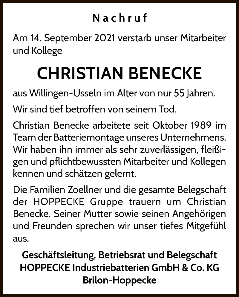  Traueranzeige für Christian Benecke vom 23.09.2021 aus WLZ