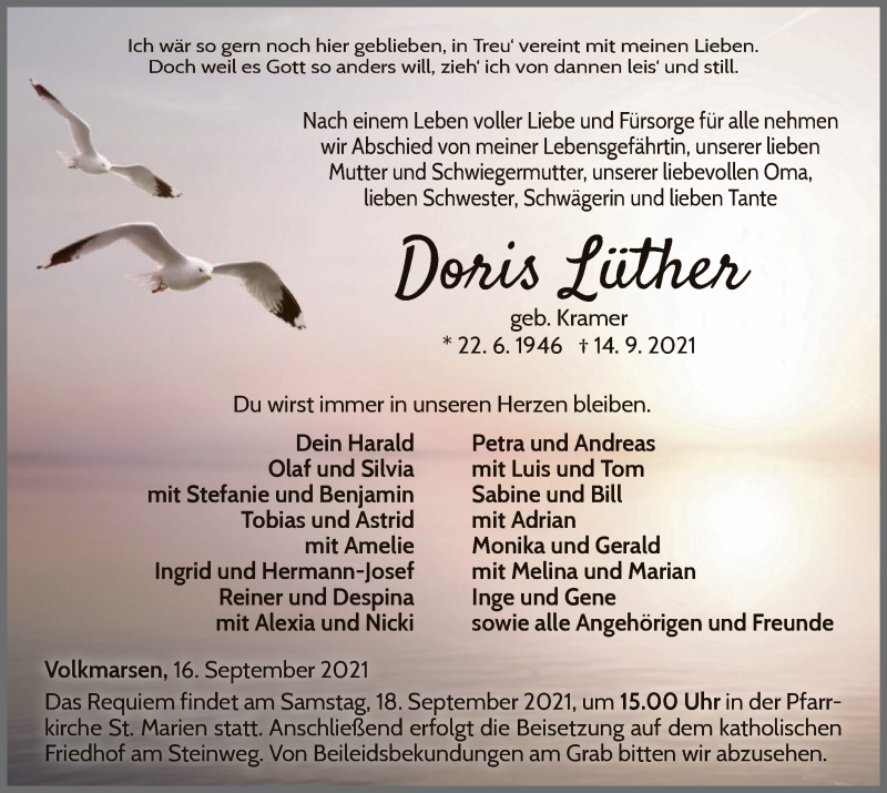  Traueranzeige für Doris Lüther vom 16.09.2021 aus WLZ