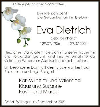 Traueranzeige von Eva Dietrich von WLZ