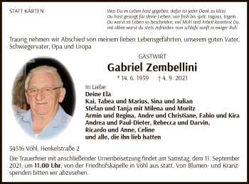 Traueranzeige von Gabriel Zembellini von WLZ