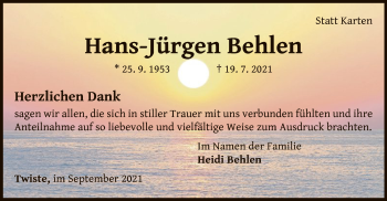 Traueranzeige von Hans-Jürgen Behlen von WLZ