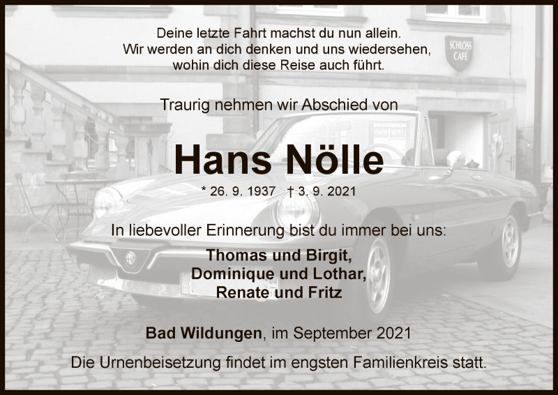  Traueranzeige für Hans Nölle vom 25.09.2021 aus WLZ