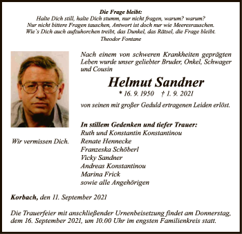 Traueranzeige von Helmut Sandner von WLZ