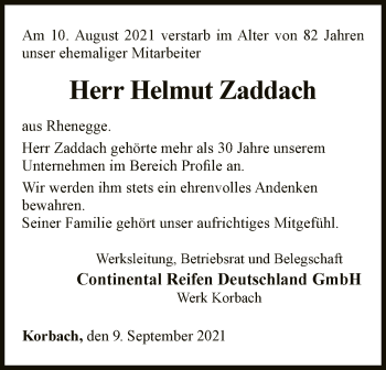 Traueranzeige von Helmut Zaddach von WLZ