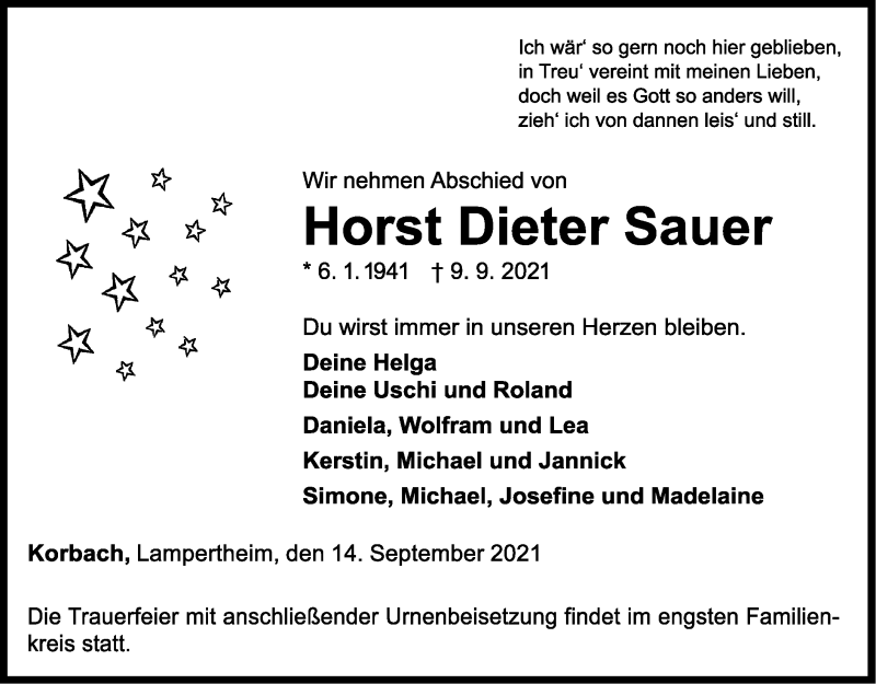  Traueranzeige für Horst Dieter Sauer vom 14.09.2021 aus WLZ