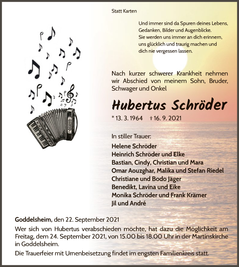  Traueranzeige für Hubertus Schröder vom 22.09.2021 aus WLZ
