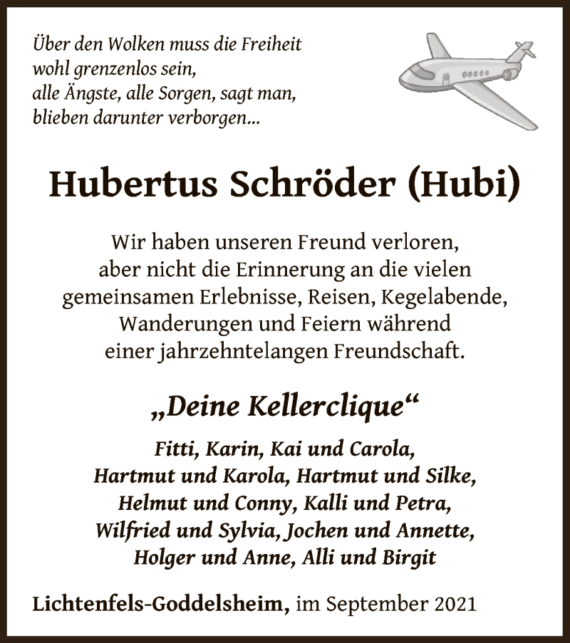  Traueranzeige für Hubertus Schröder vom 24.09.2021 aus WLZ