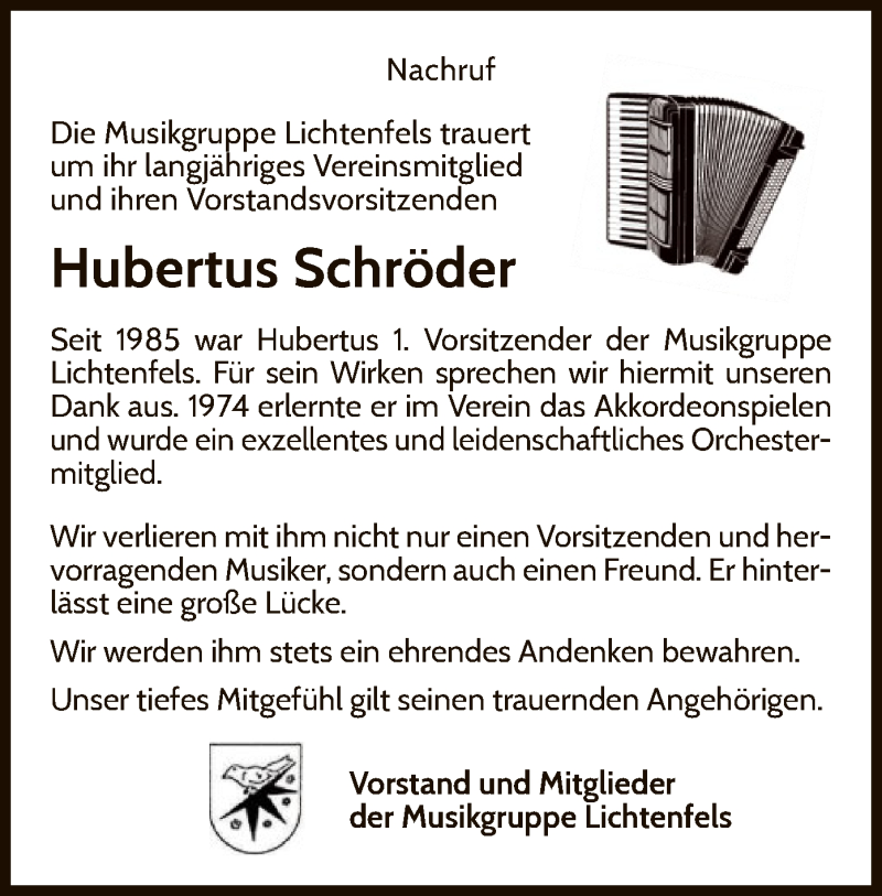  Traueranzeige für Hubertus Schröder vom 23.09.2021 aus WLZ