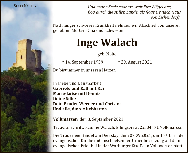  Traueranzeige für Inge Walach vom 03.09.2021 aus WLZ