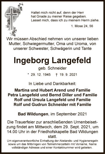 Traueranzeige von Ingeborg Langefeld von WLZ