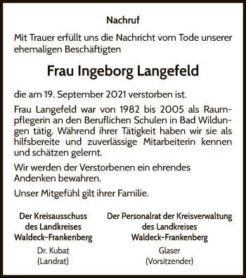 Traueranzeige von Ingeborg Langefeld von WLZ