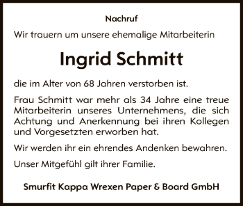 Traueranzeige von Ingrid Schmitt von WLZ