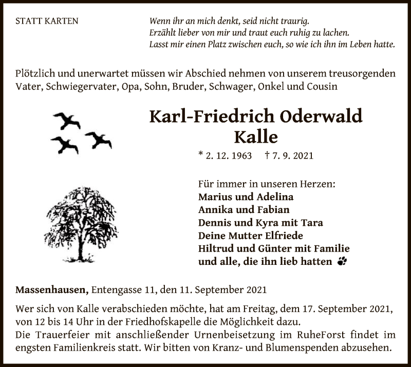  Traueranzeige für Karl-Friedrich Oderwald vom 11.09.2021 aus WLZ