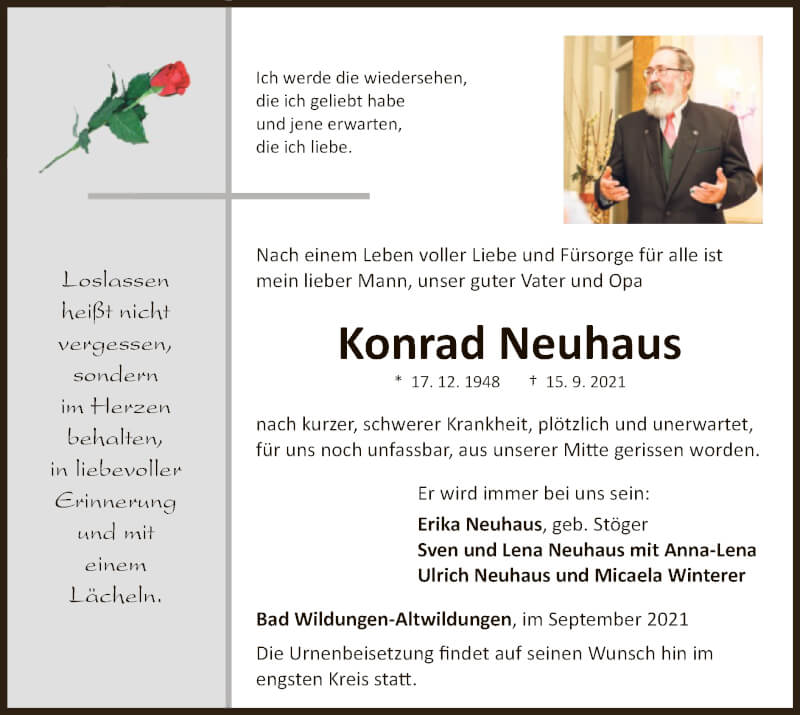  Traueranzeige für Konrad Neuhaus vom 18.09.2021 aus WLZ