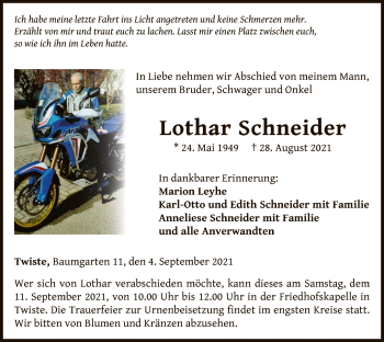 Traueranzeige von Lothar Schneider von WLZ