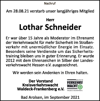 Traueranzeige von Lothar Schneider von WLZ