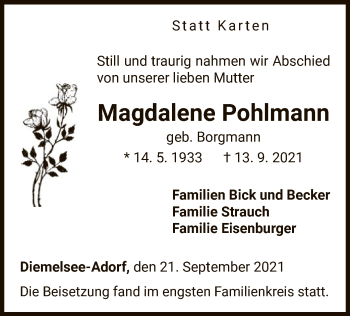 Traueranzeige von Magdalene Pohlmann von WLZ